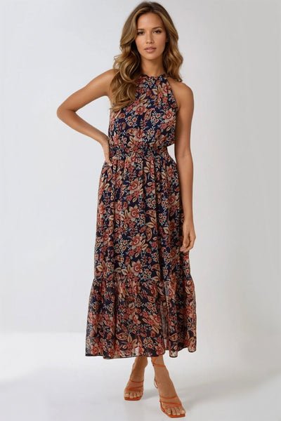 Navy - Navy Floral Print Halterneck Dress by Aftershock London