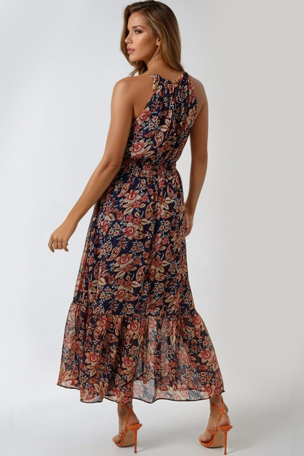 Navy Floral Print Halterneck Dress ALNL233910008