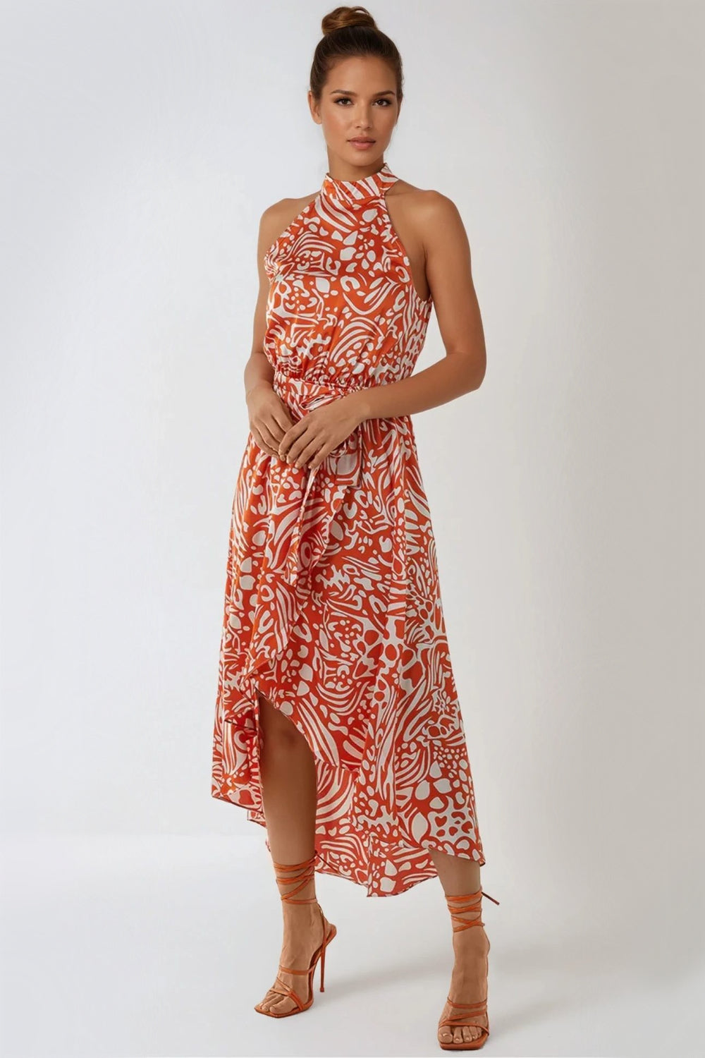 Orange Floral Halterneck Wrap Midi Dress ALNL233860008