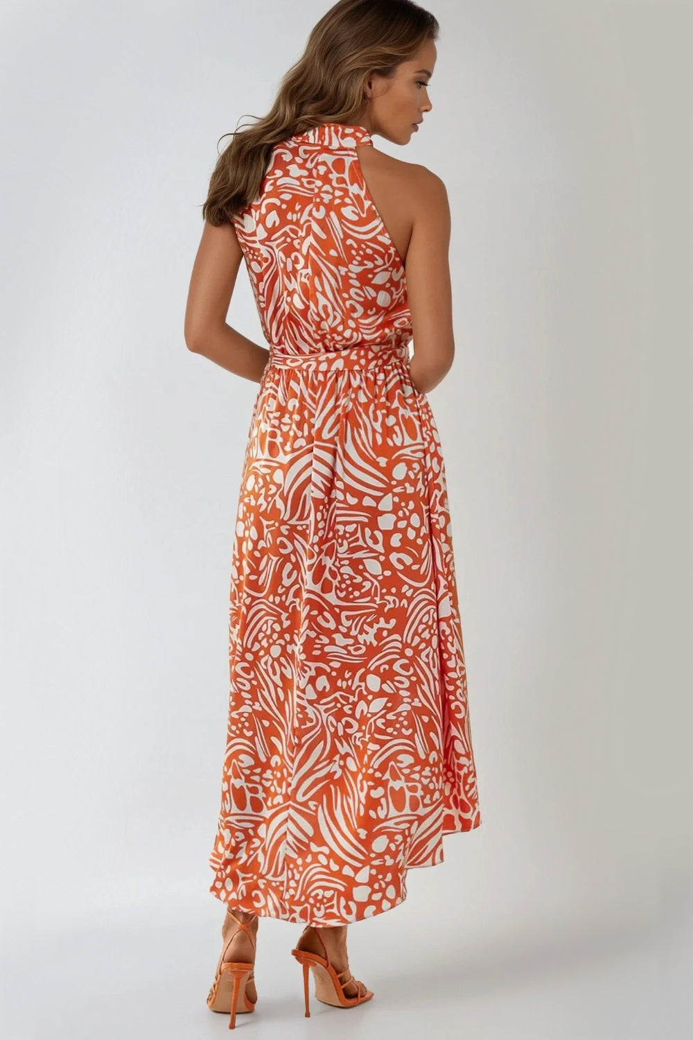 Orange Floral Halterneck Wrap Midi Dress ALNL233860008