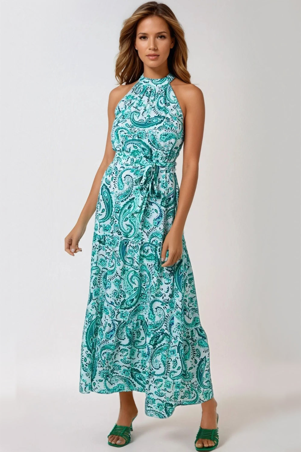 Green Paisley Print Halterneck Maxi Dress ALNL233915023