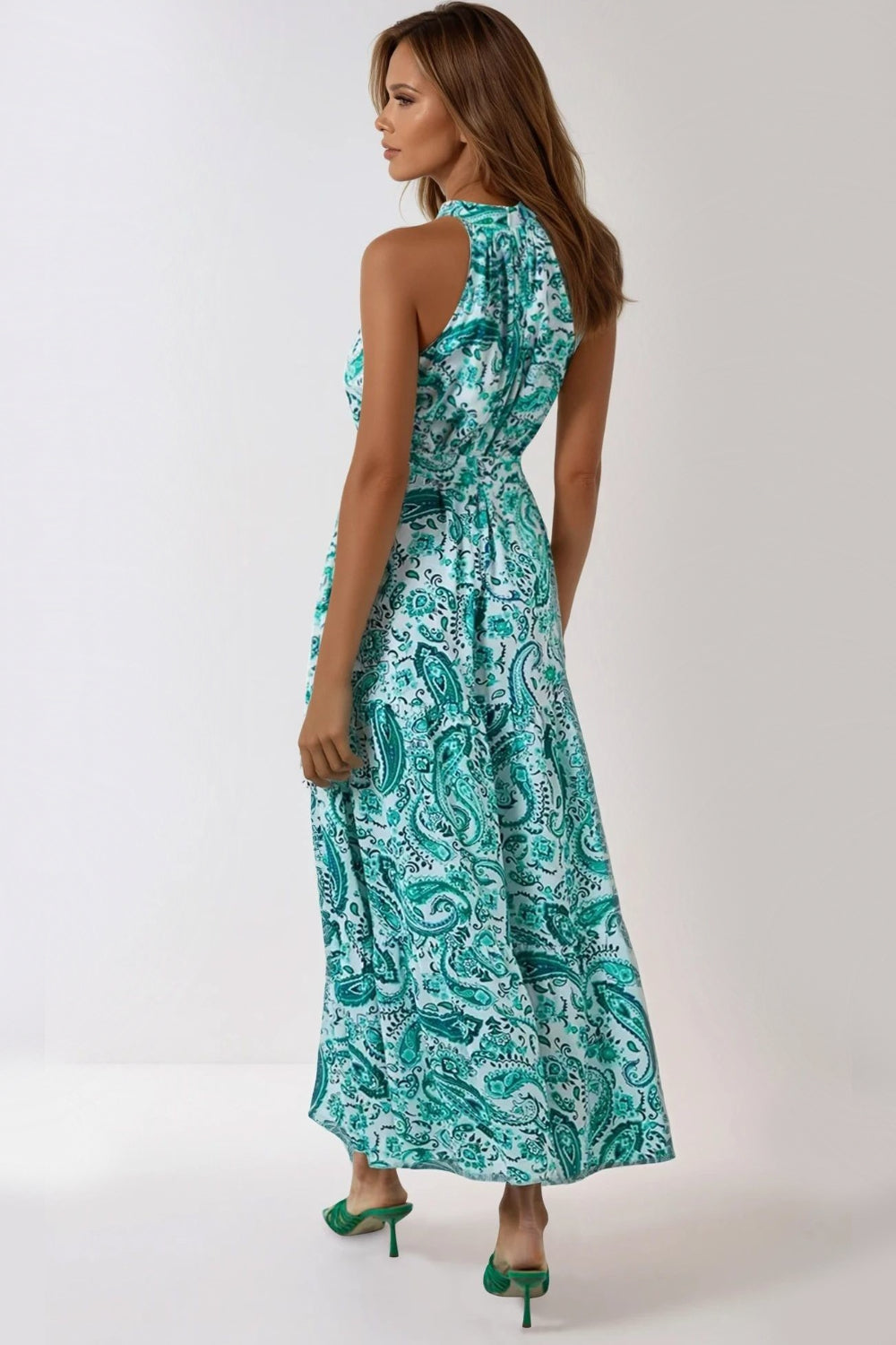 Green Paisley Print Halterneck Maxi Dress ALNL233915023