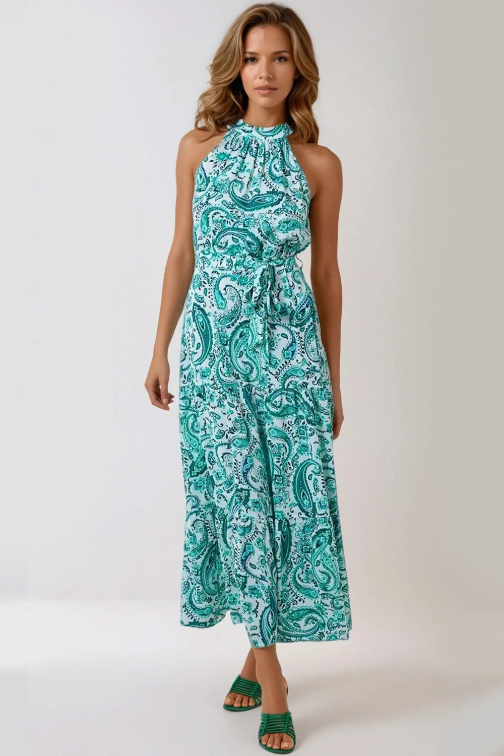 Green Paisley Print Halterneck Maxi Dress ALNL233915023