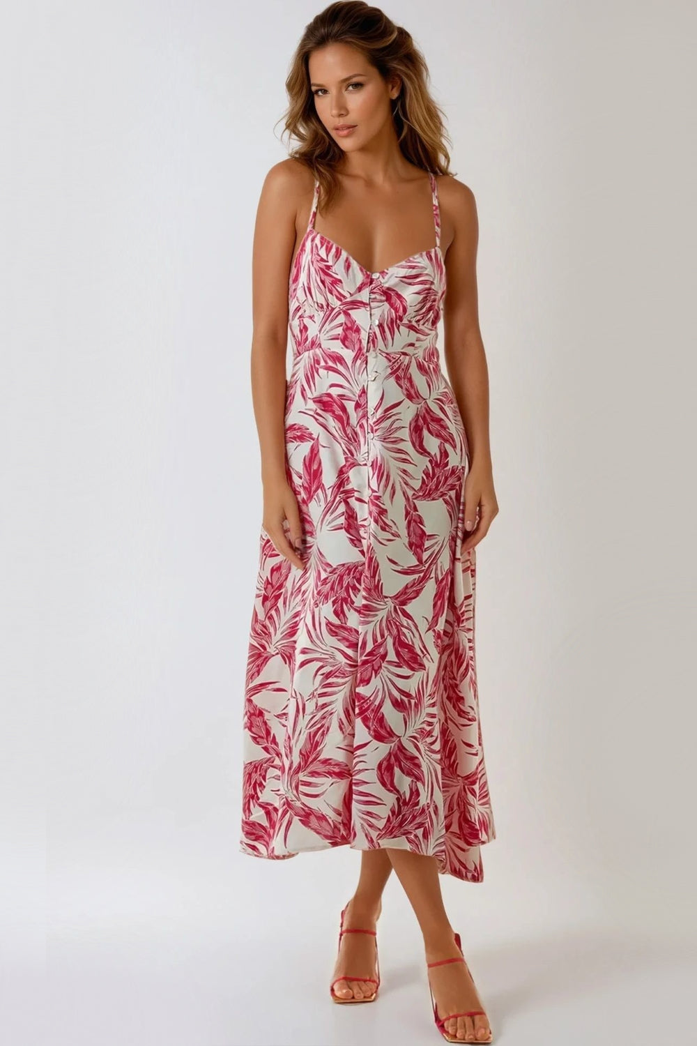 Pink Leaf Print Lace Up Back Midi Dress ALNL233977075