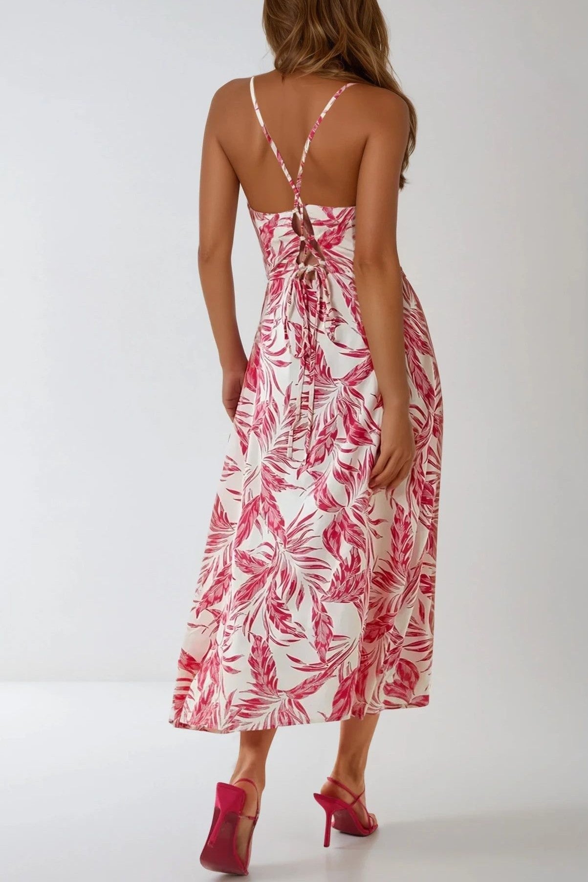 Pink Leaf Print Lace Up Back Midi Dress ALNL233977075