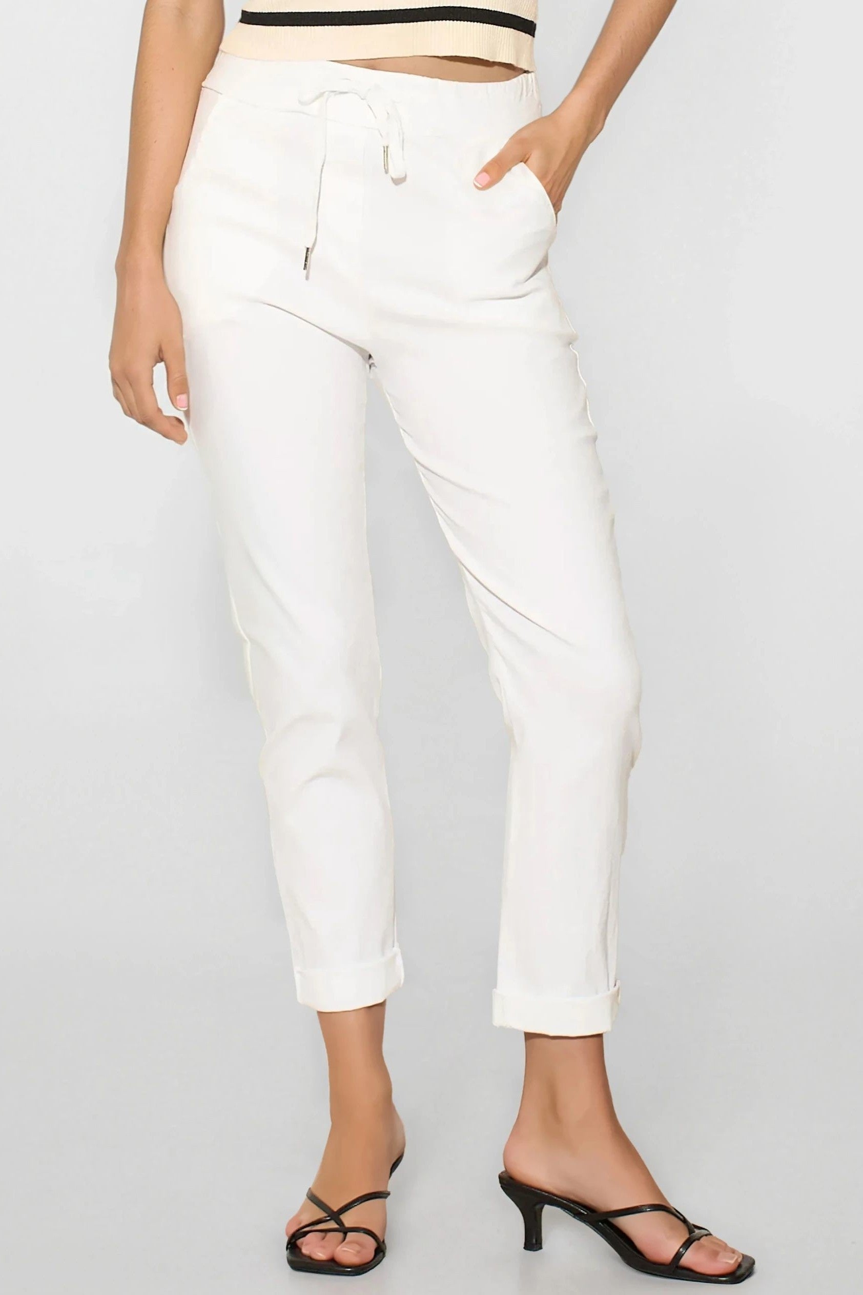White Stretch Drawstring Trousers ALGL2245