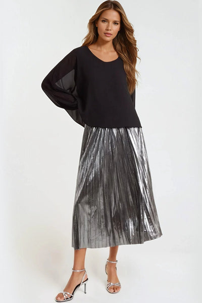 Grey - Pewter Metallic Pleated Midi Skirt by Aftershock London