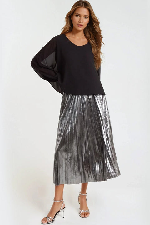 Pewter Metallic Pleated Midi Skirt by Aftershock London