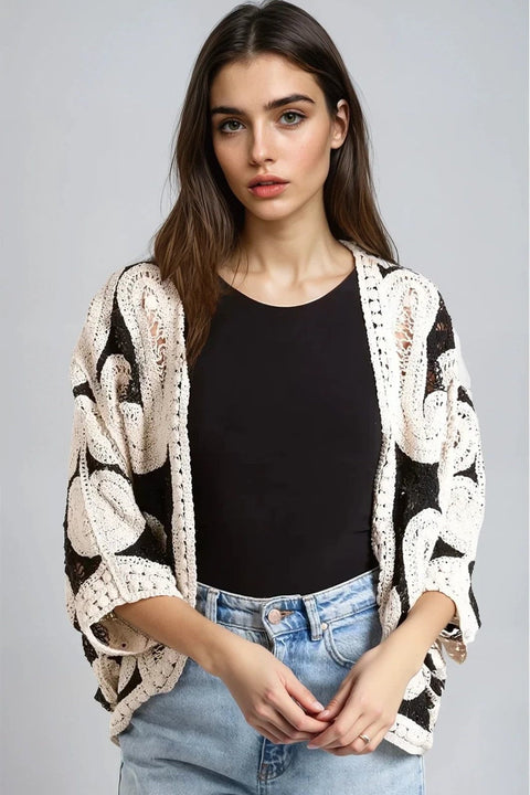 Aftershock London Black And Beige Paisley Crochet Batwing Kimono