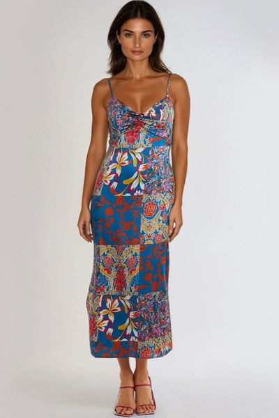 Turquoise - Blue Patchwork Cami Maxi Dress by Aftershock London