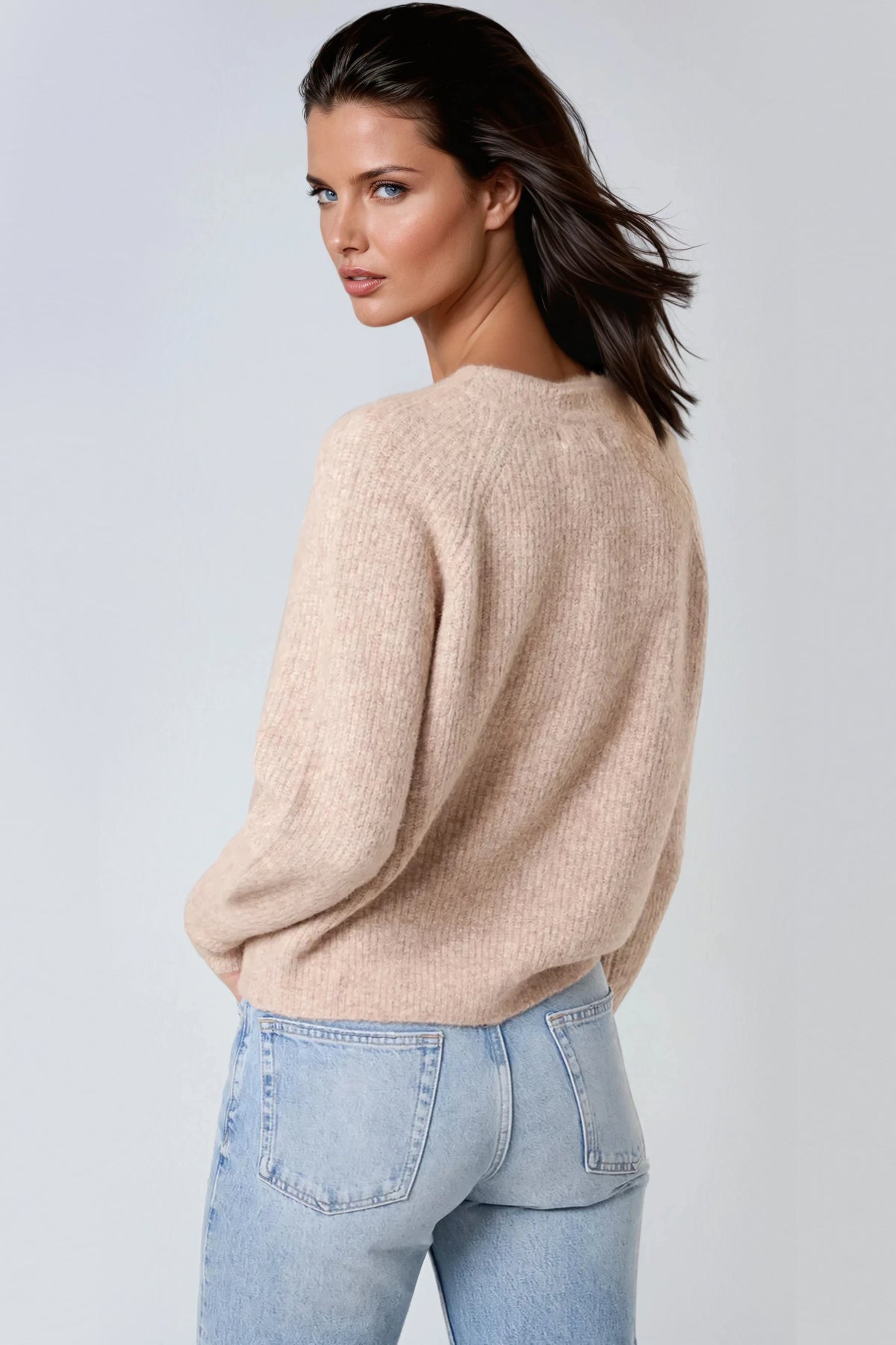 Beige Wool Blend Ribbed Knitted Cardigan ALWF5643