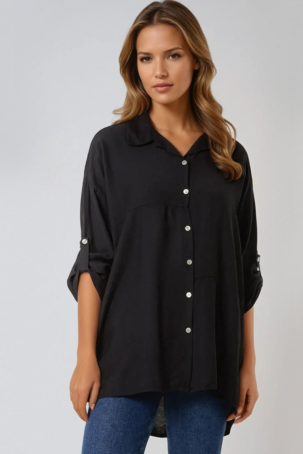 Black Relaxed Fit Roll Sleeve Shirt NALV4939