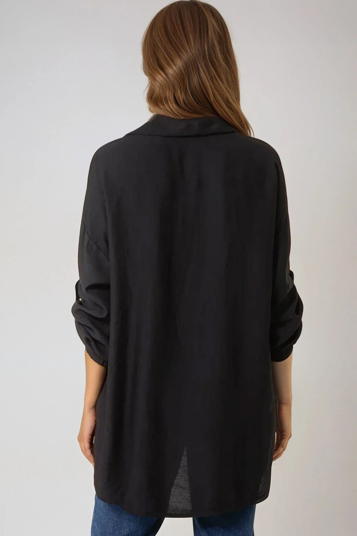 Black Relaxed Fit Roll Sleeve Shirt NALV4939