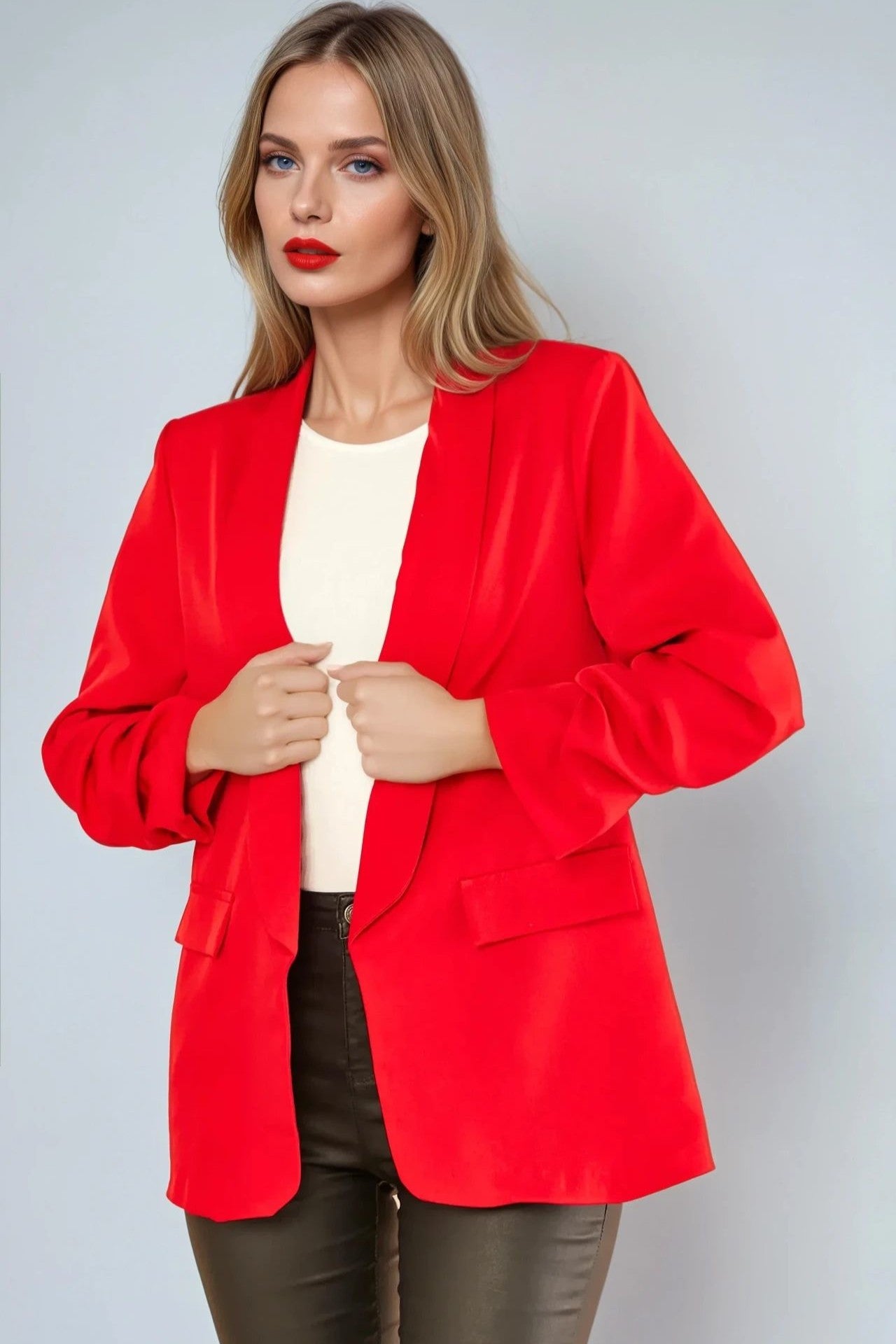 Red Blazer With Ruched Sleeves AL1497