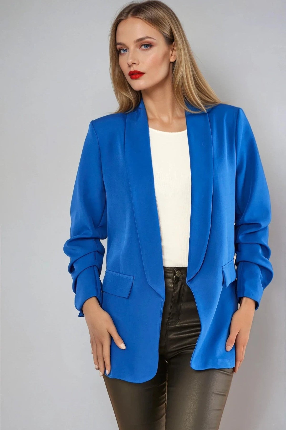 Royal Blue Blazer With Ruched Sleeves