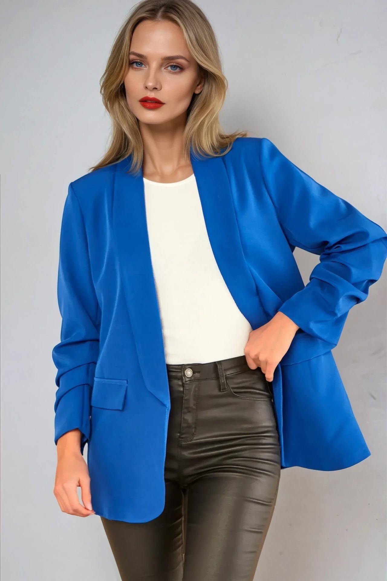 Royal Blue Blazer With Ruched Sleeves AL1497