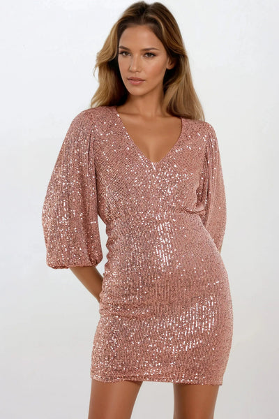Pink - Bronze Sequin V Neck Mini Dress by Aftershock London