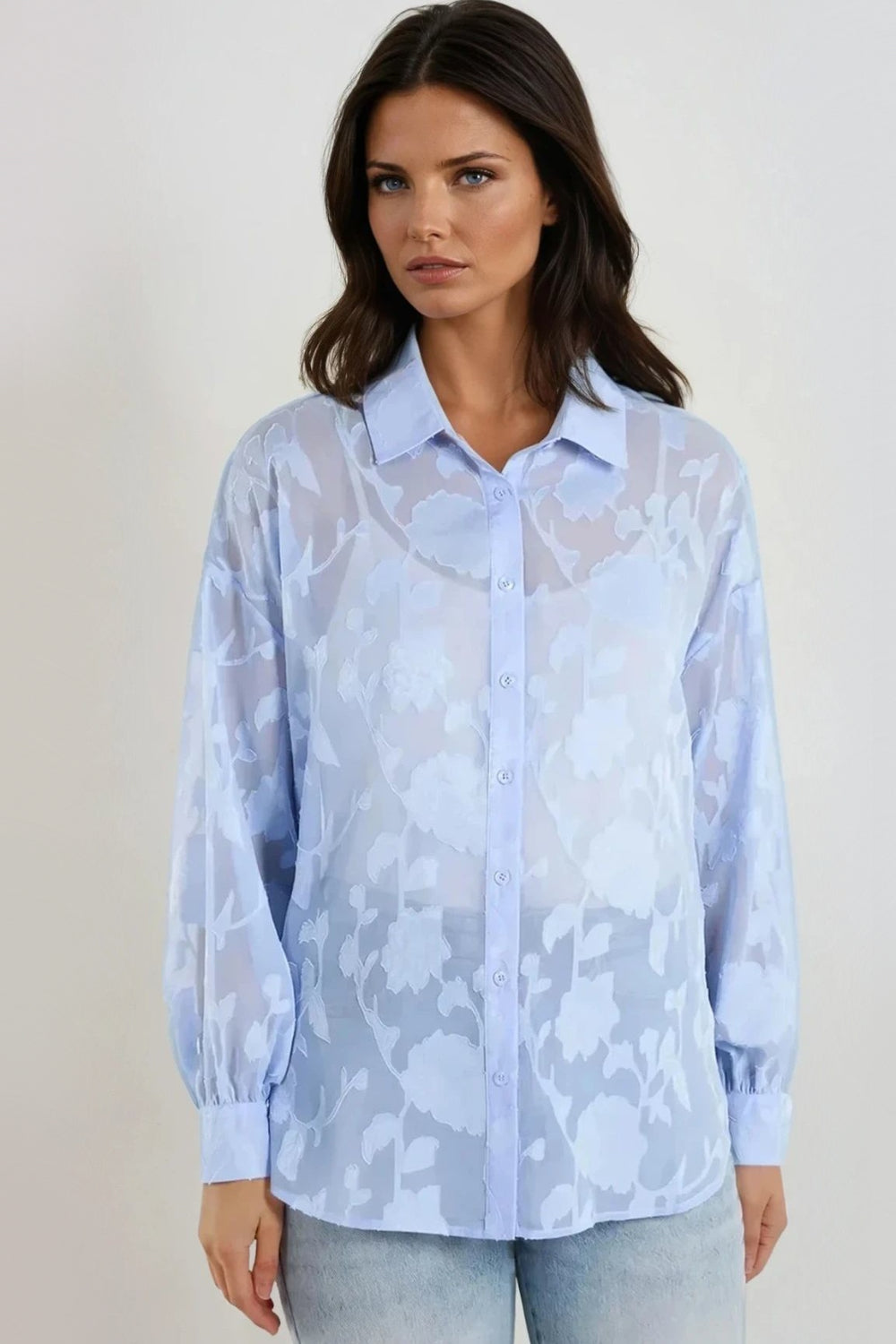 Blue Sheer Floral Shirt ALNL257407002