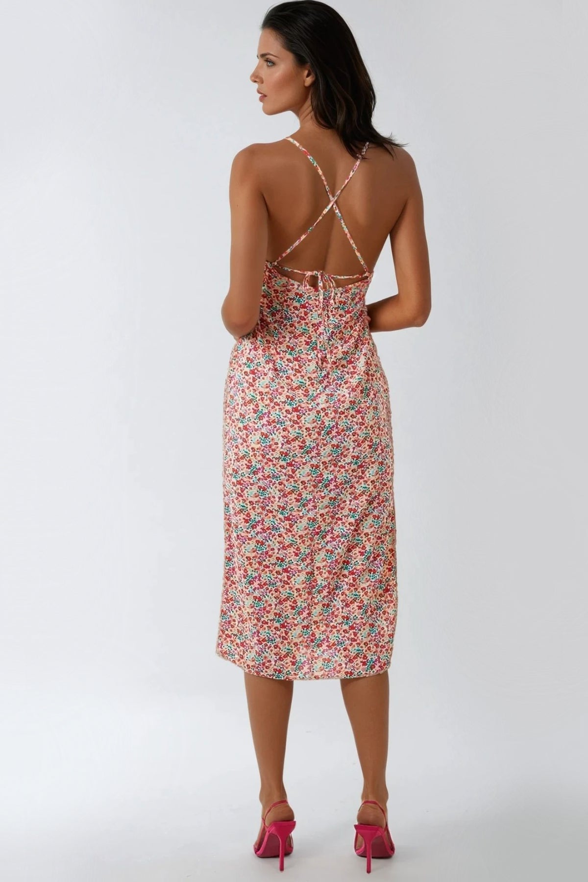 Pink Floral Strappy Midi Dress With Ties ALNL233841075