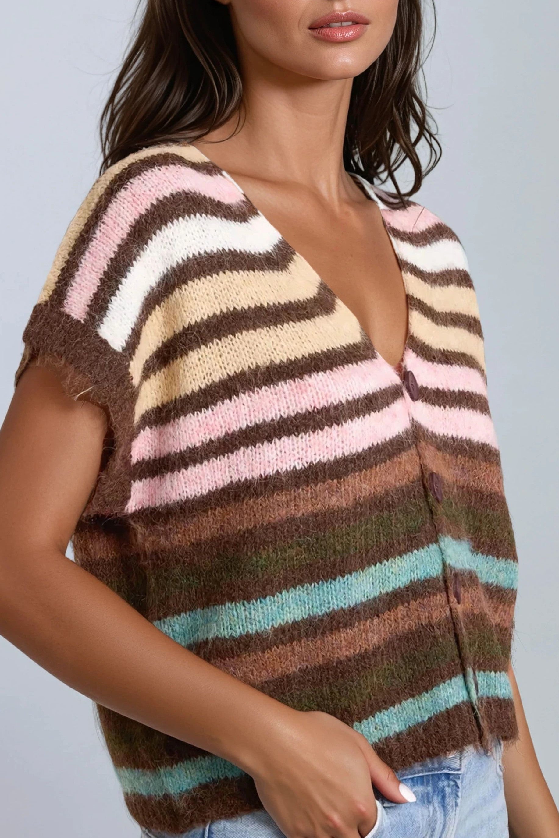 Pink Striped Knitted Vest Cardigan ALWF5475