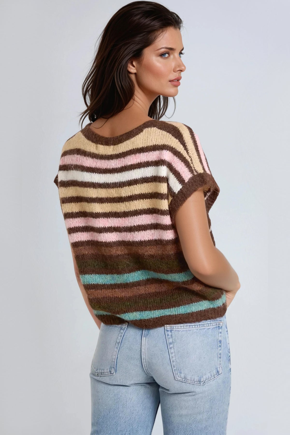 Pink Striped Knitted Vest Cardigan ALWF5475