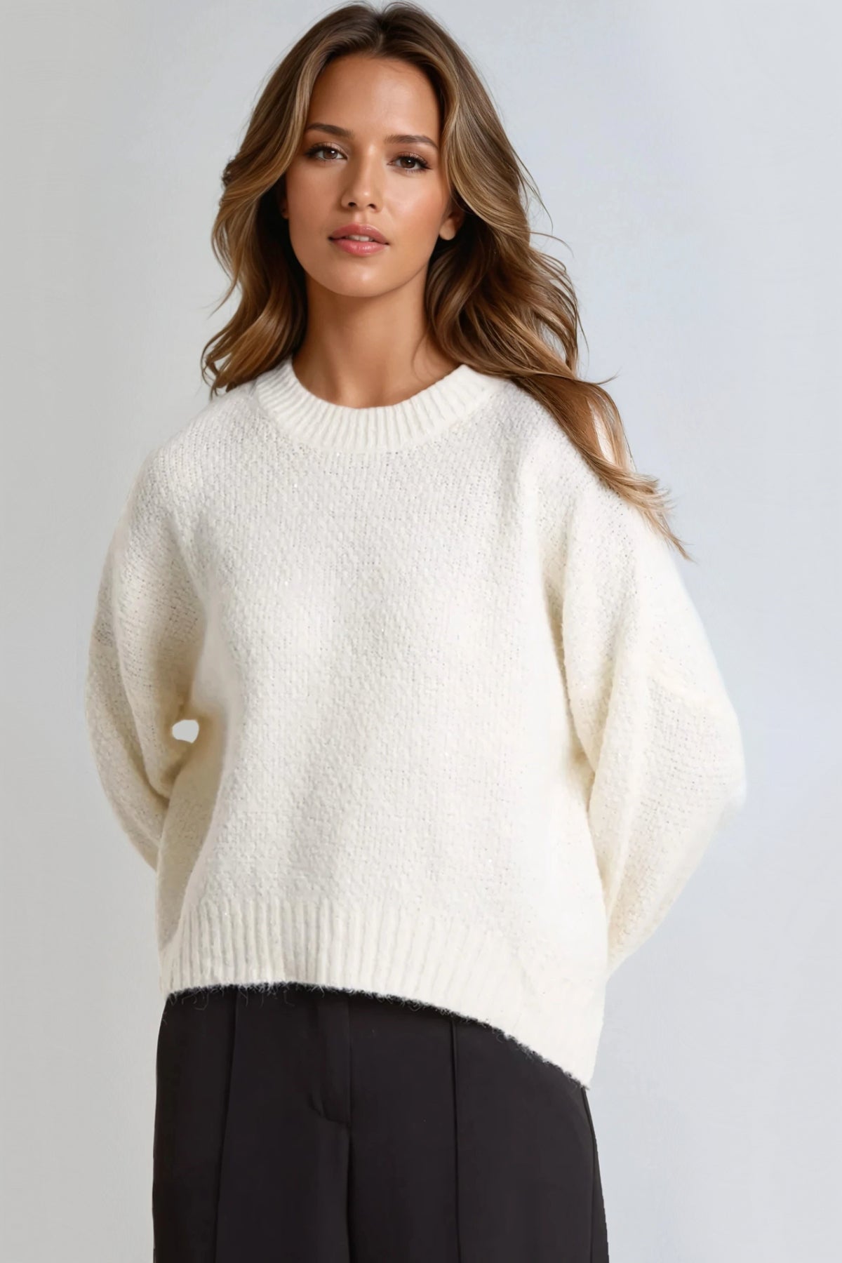 Ivory Textured Knit Crew Neck Jumper ALNL258506014
