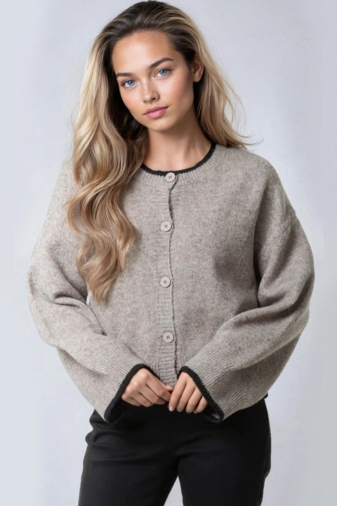 Mocha Wool Blend Contrast Edge Cardigan by Aftershock London