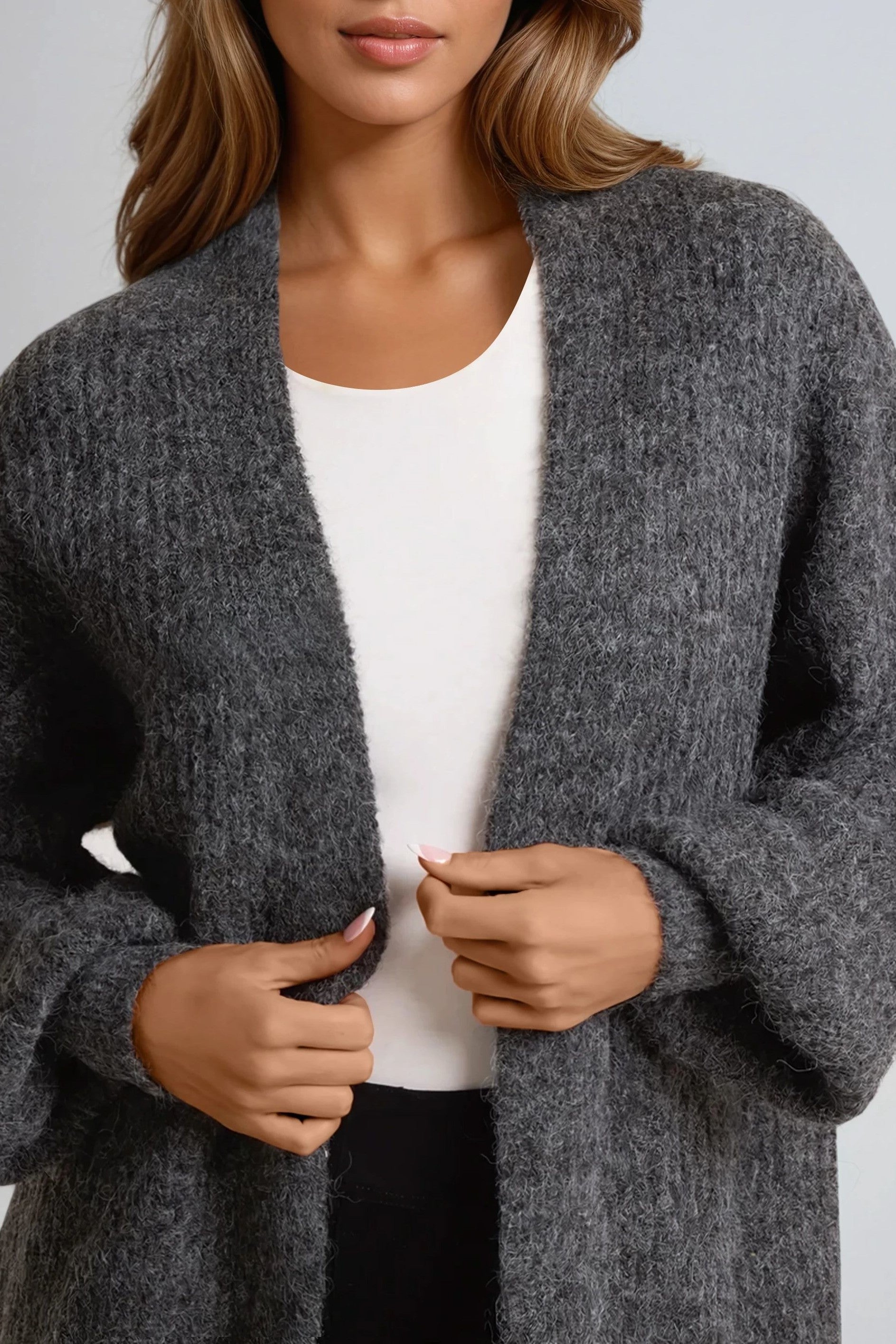 Charcoal Wool Blend Balloon Sleeve Knitted Cardigan ALNL258513213