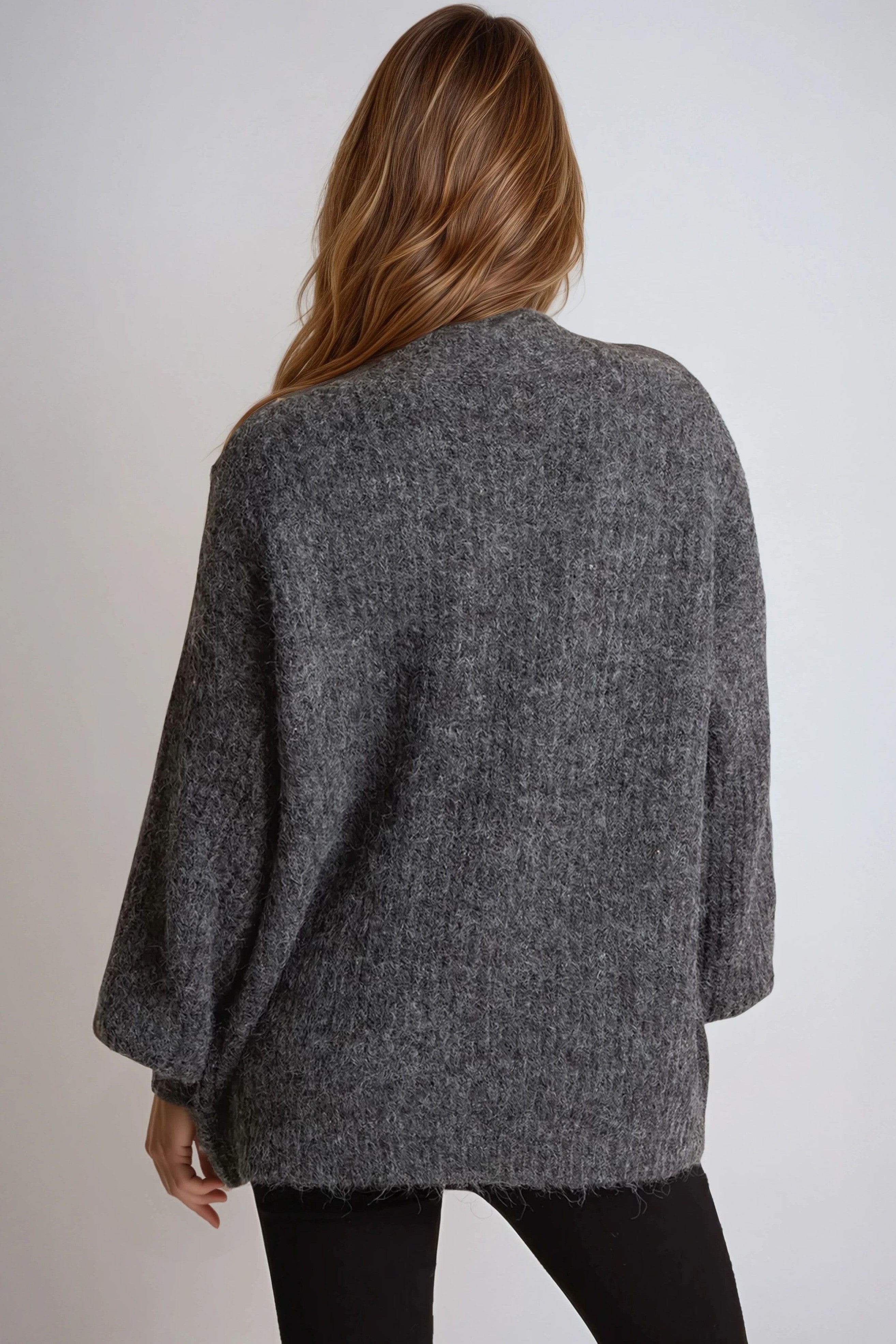 Charcoal Wool Blend Balloon Sleeve Knitted Cardigan ALNL258513213