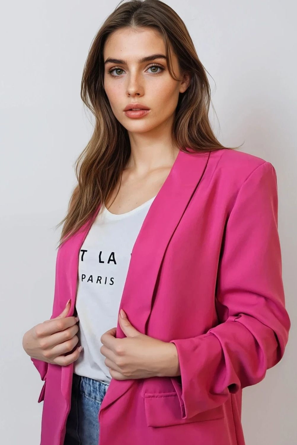 Fuchsia Blazer With Ruched Sleeves AL1497