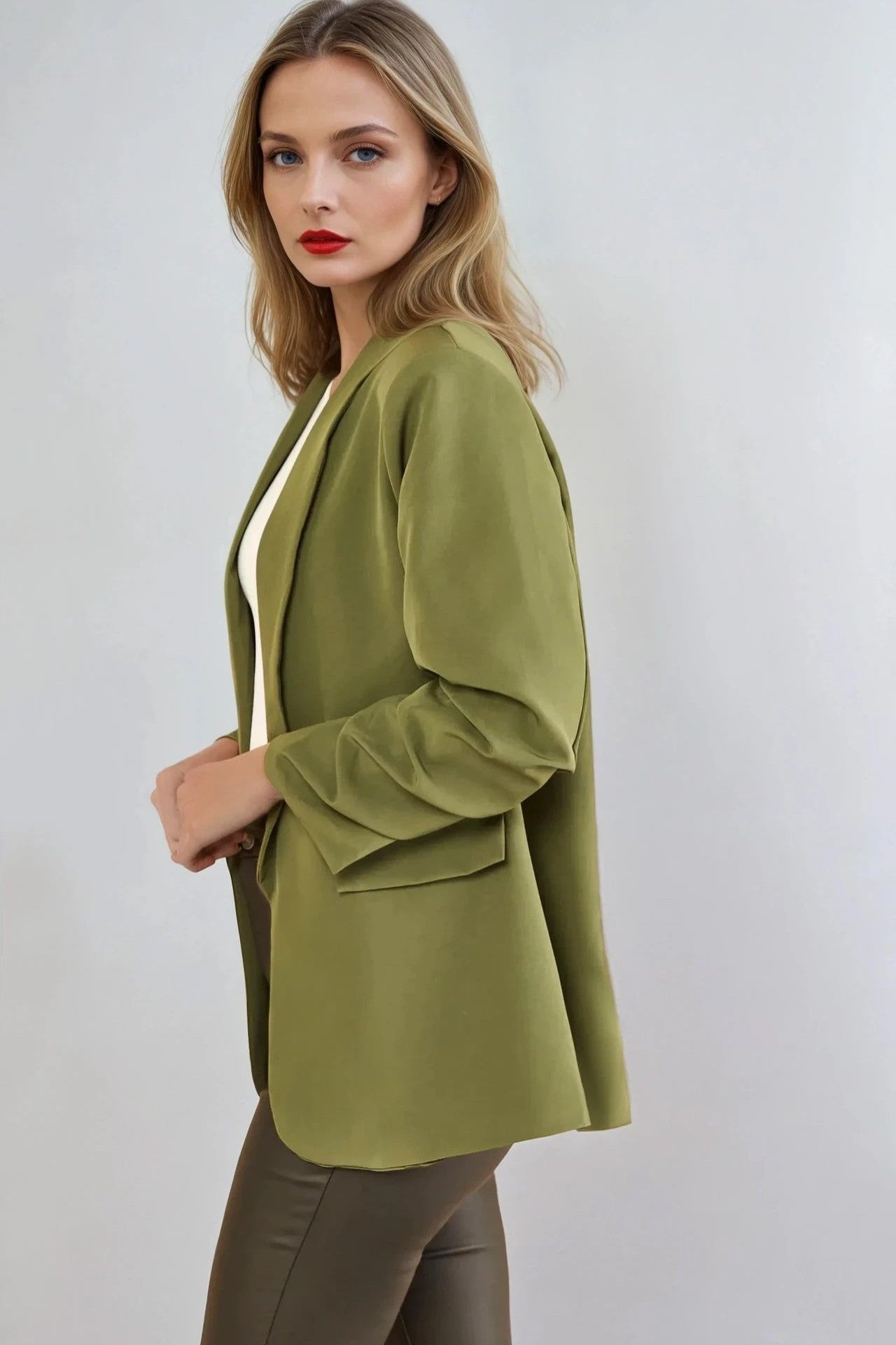 Khaki Blazer With Ruched Sleeves AL1497