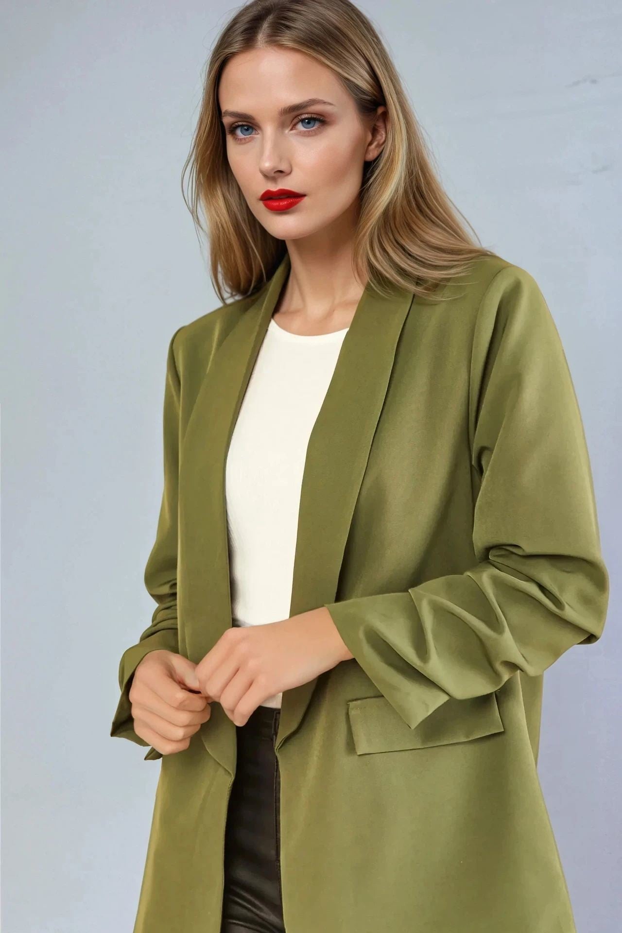 Khaki Blazer With Ruched Sleeves AL1497