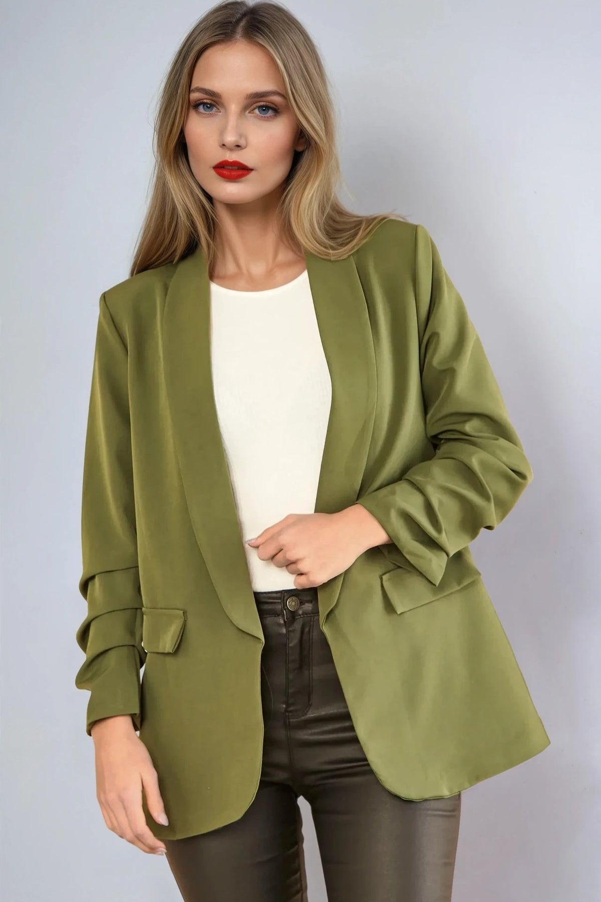 Khaki Blazer With Ruched Sleeves AL1497