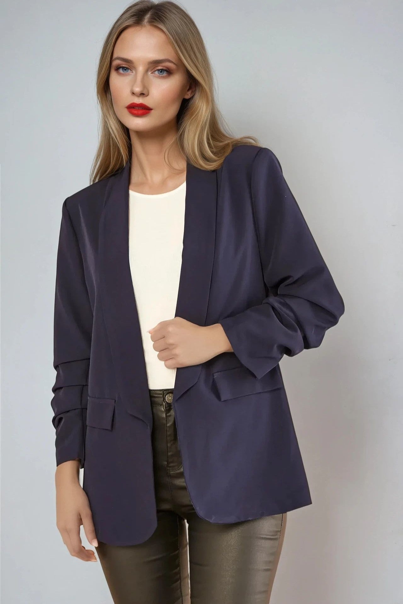 Navy Blazer With Ruched Sleeves AL1497