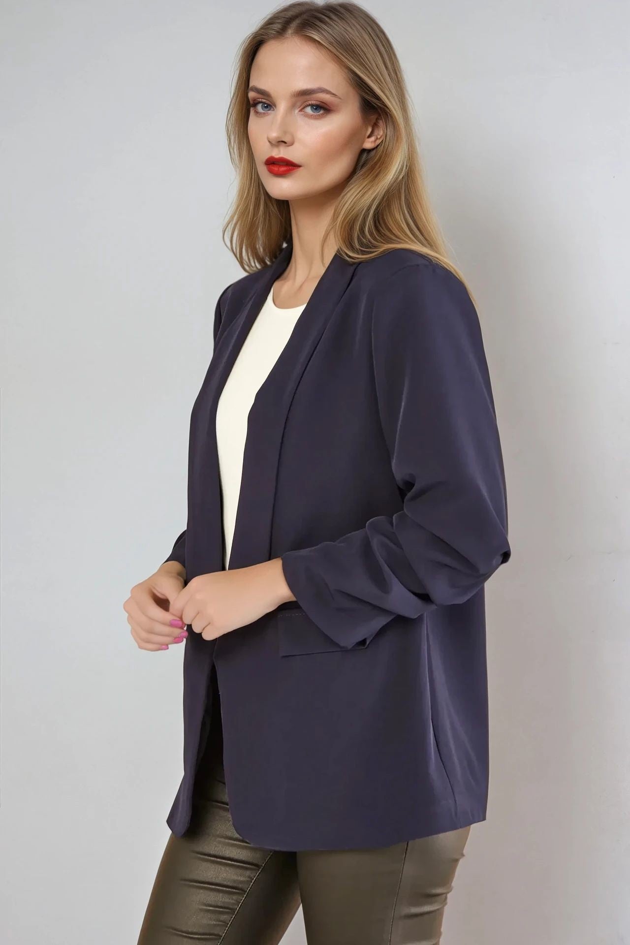 Navy Blazer With Ruched Sleeves AL1497