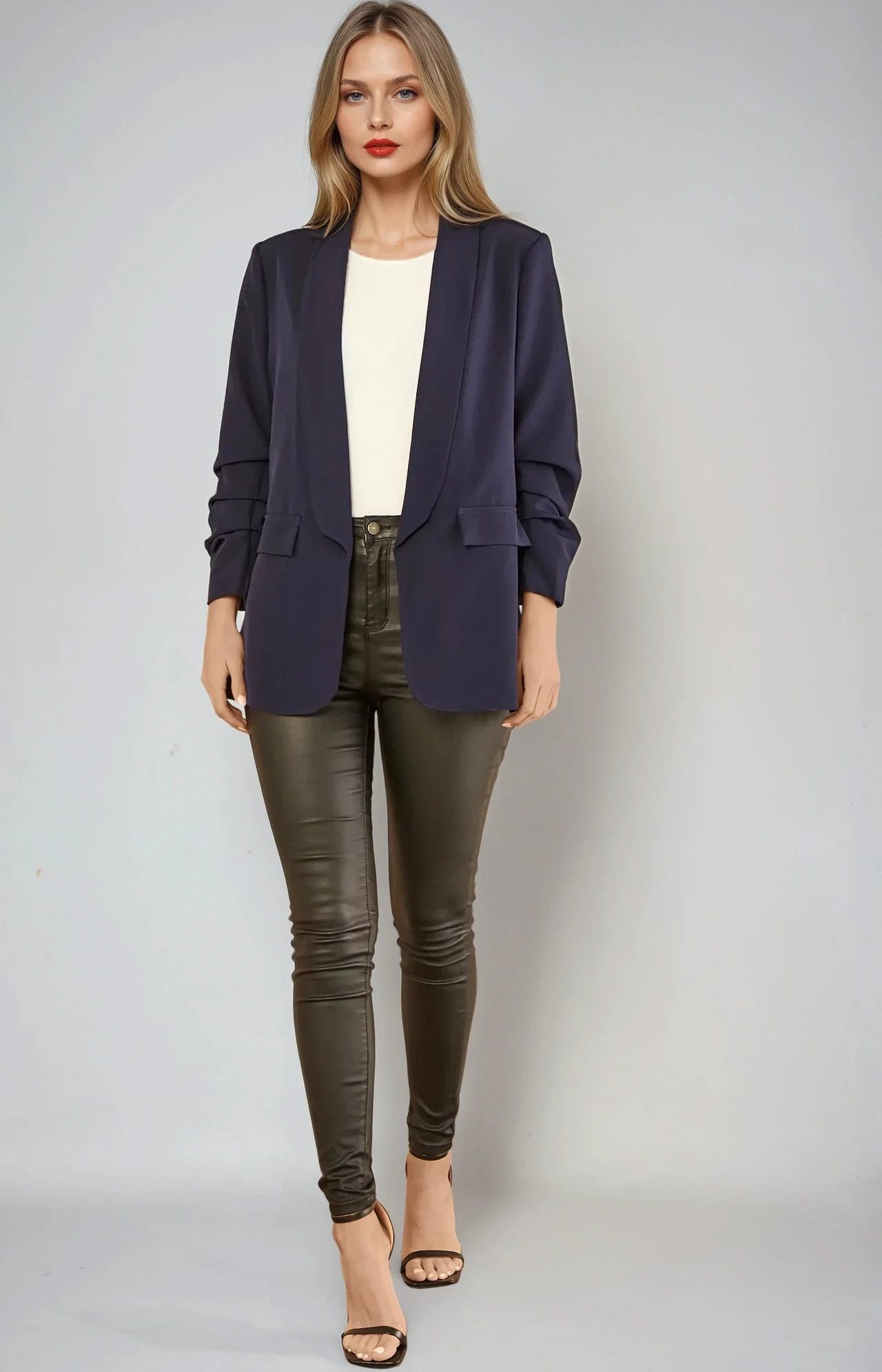 Navy Blazer With Ruched Sleeves AL1497