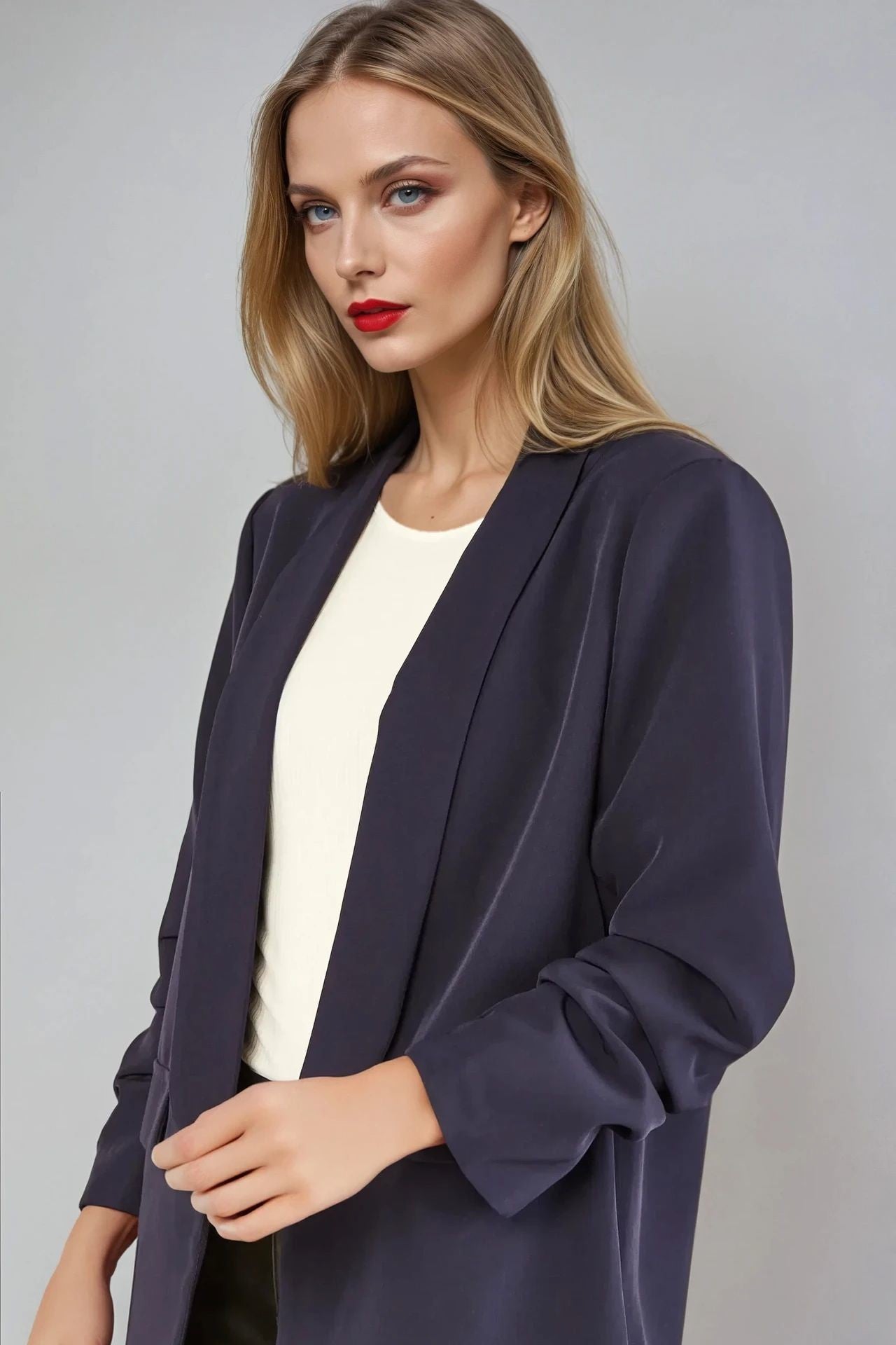 Navy Blazer With Ruched Sleeves AL1497