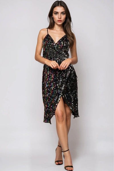 Multi Color - Multicolour Sequin Velvet Mini Wrap Dress by Aftershock London