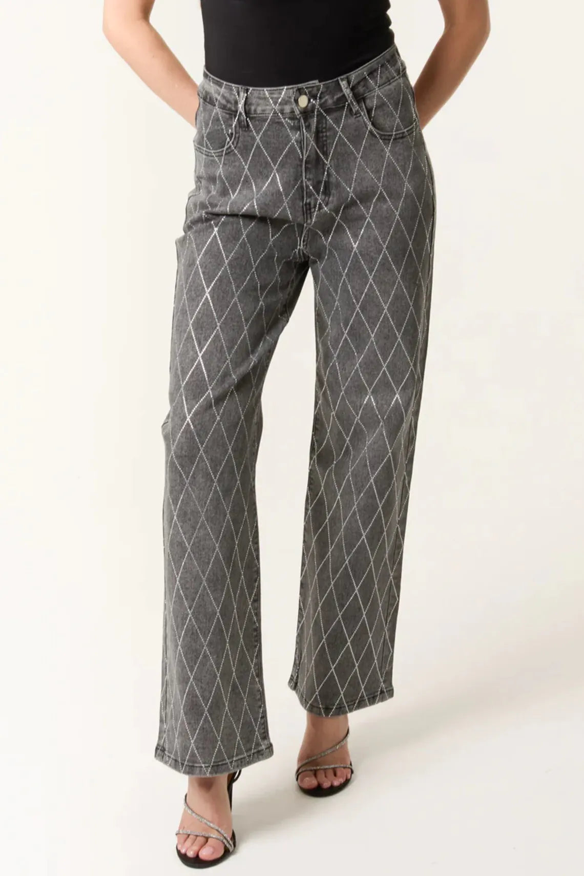 Black Wash Diamond Embellished Straight Leg Jeans ALST2370314