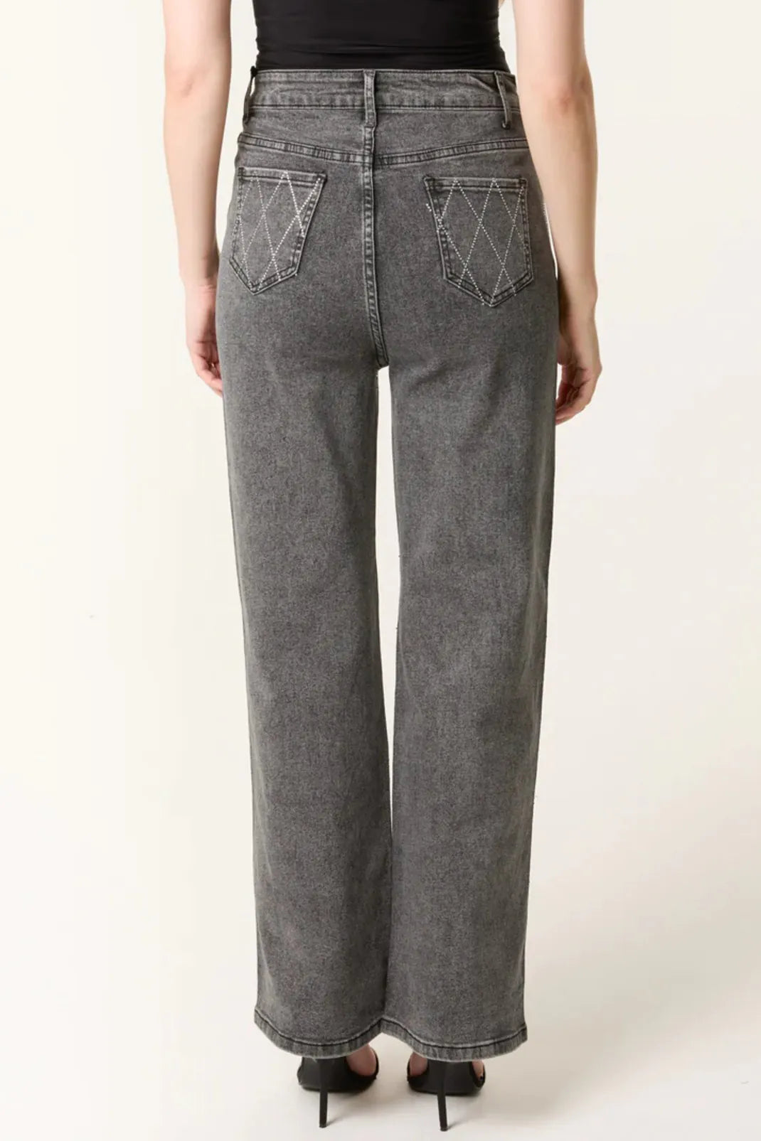 Black Wash Diamond Embellished Straight Leg Jeans ALST2370314