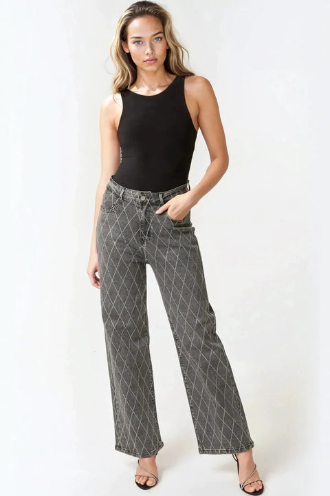 Black Wash Diamond Embellished Straight Leg Jeans by Aftershock London