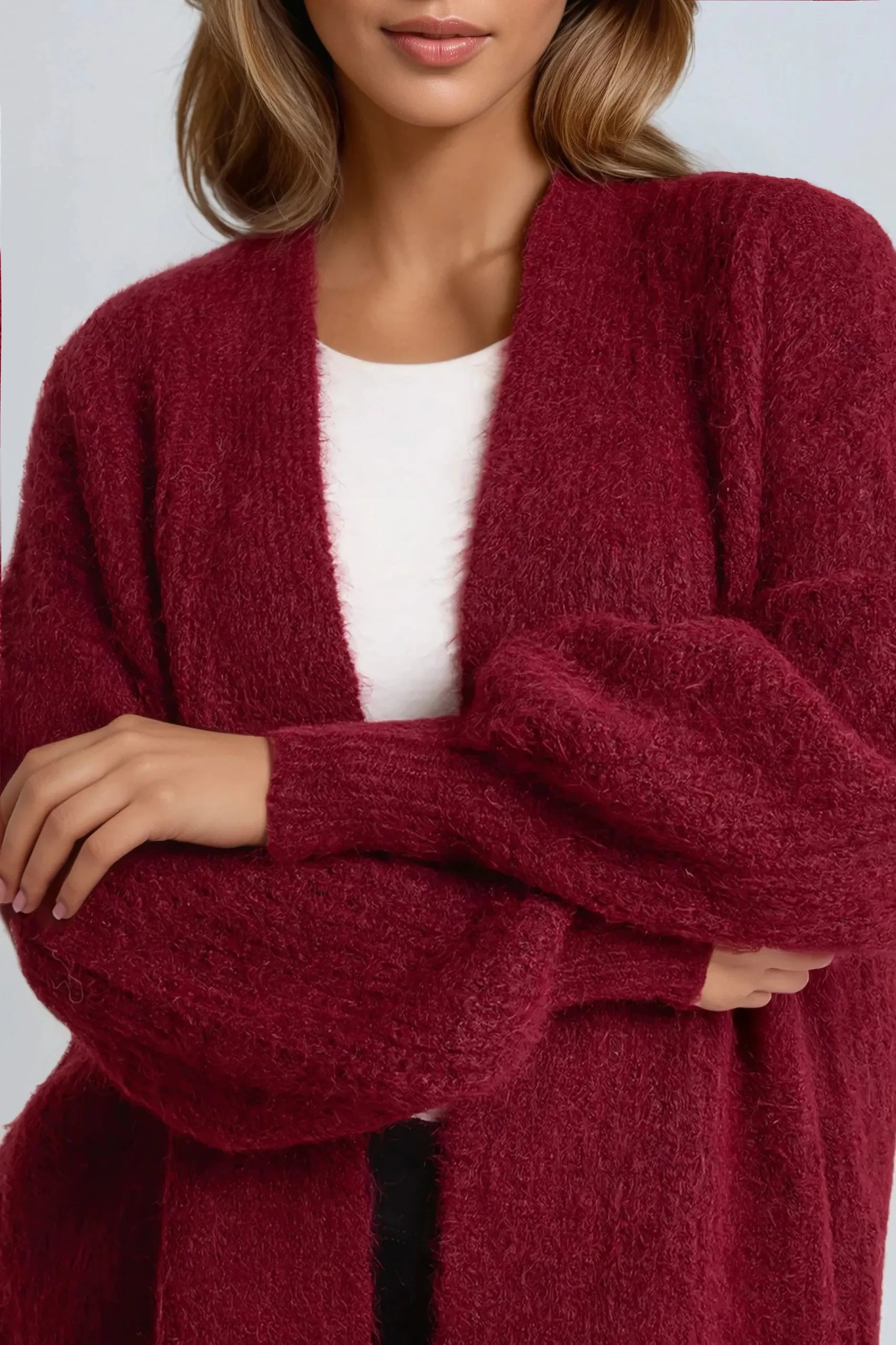 Wine Wool Blend Balloon Sleeve Knitted Cardigan ALNL258513029