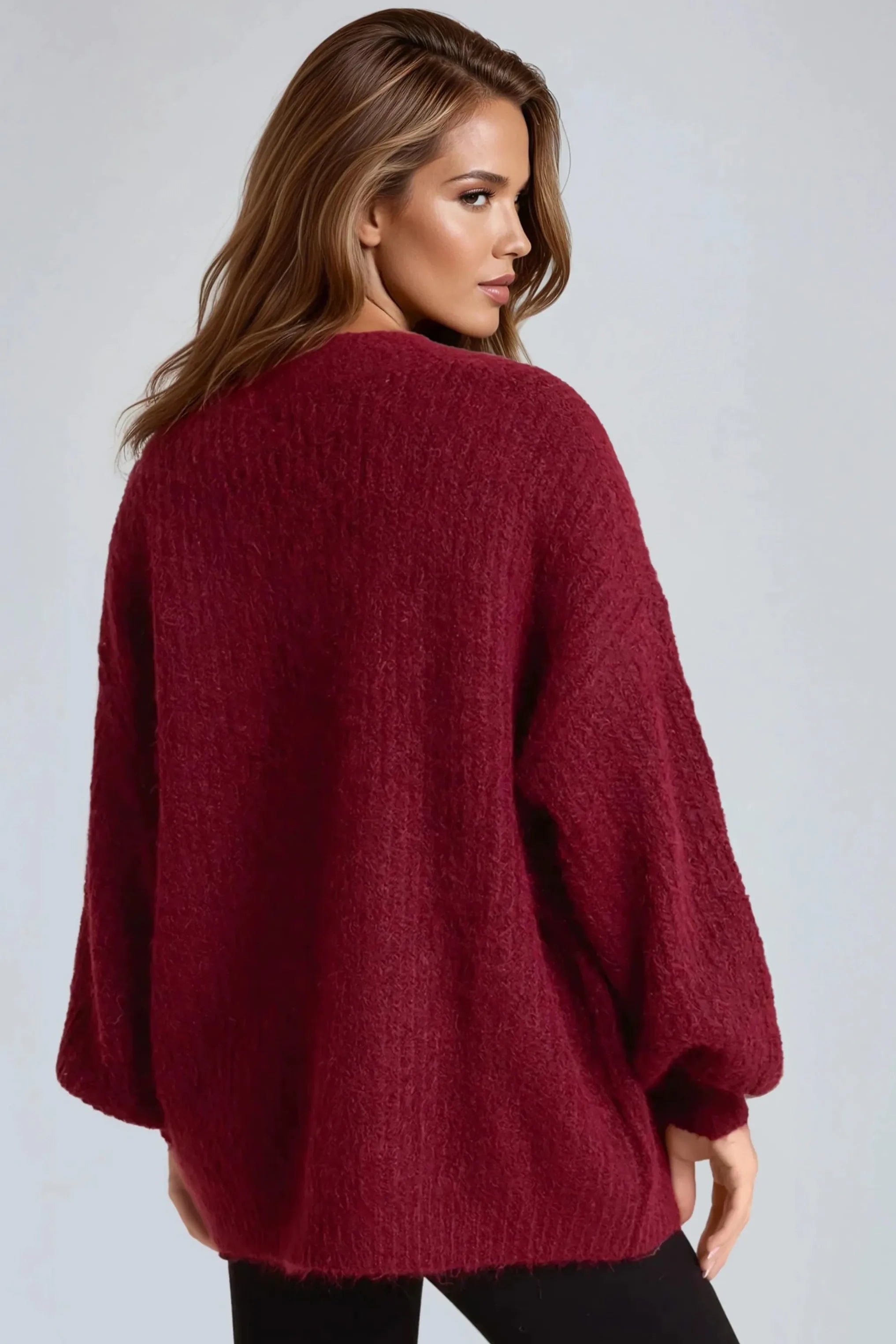 Wine Wool Blend Balloon Sleeve Knitted Cardigan ALNL258513029