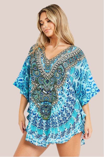 Blue - Aqua Blue Short Beach Dress Kaftan by Aftershock London