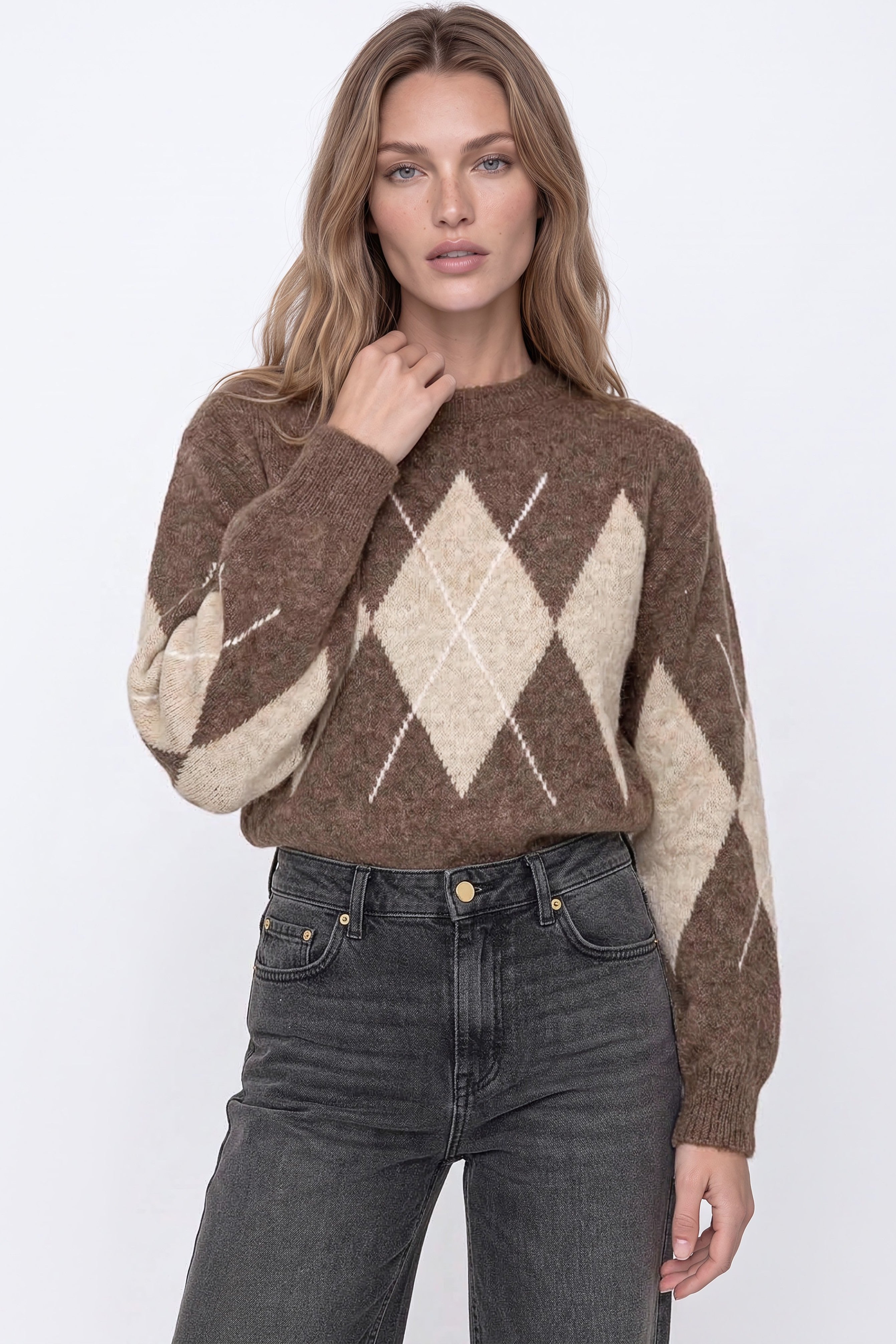 Brown Argyle Pattern Wool Blend Knit Jumper ALWF5844NV030