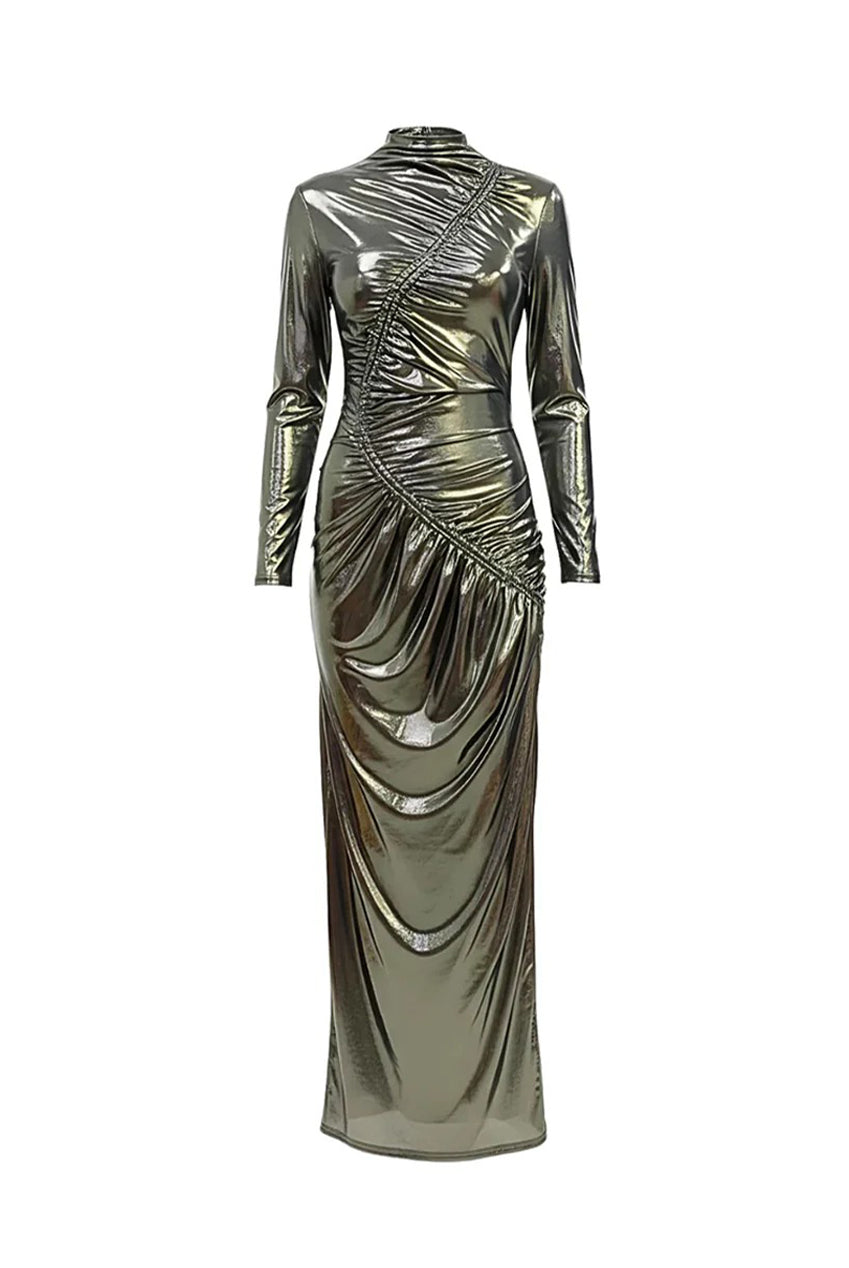 Black Gold Venechia Foil Deep Tail Gathered Maxi Dress AV-NDR1413BG