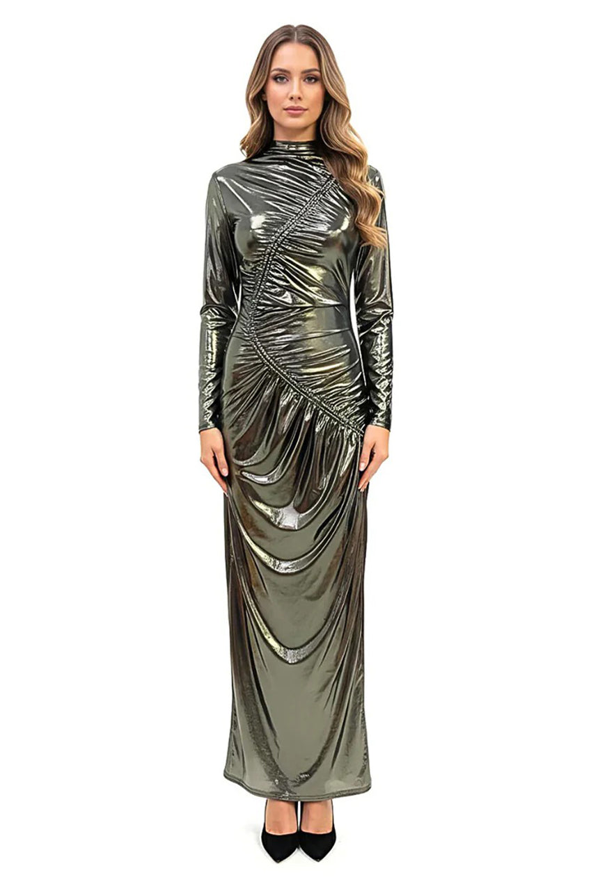 Black Gold Venechia Foil Deep Tail Gathered Maxi Dress AV-NDR1413BG