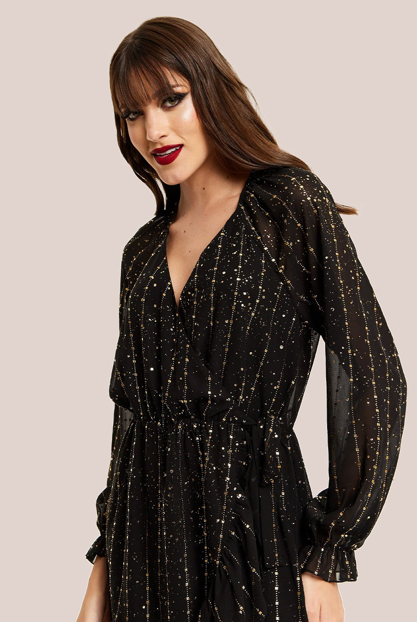 Gold Printed Chiffon Mini Wrap Dress Goddiva