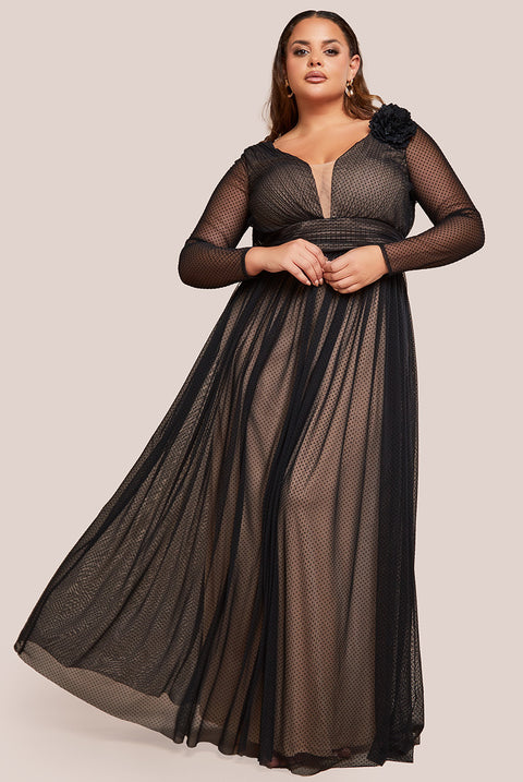 Goddiva Plus Corsage Dobby Mesh A-Line Maxi Dress - Black