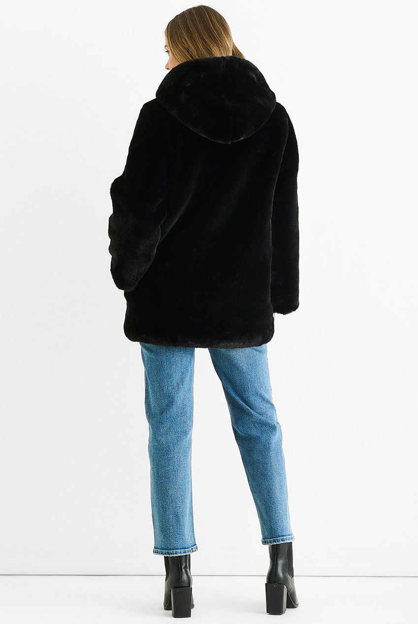 Black Hooded Long Sleeve Faux Fur Jacket B6159B001